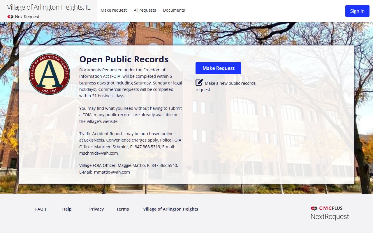 Arlington Heights NextRequest FOIA portal for arrest record requests