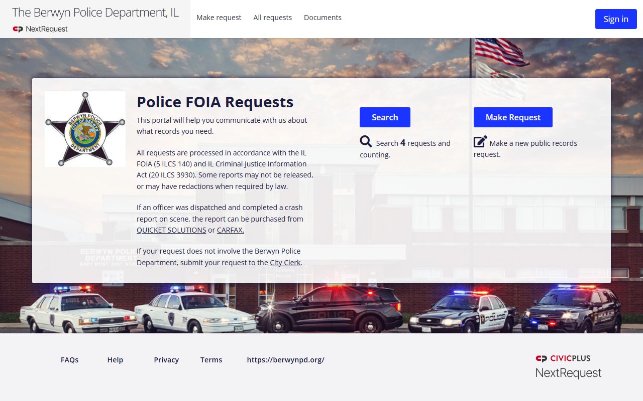 Berwyn Police FOIA portal on NextRequest for arrest records