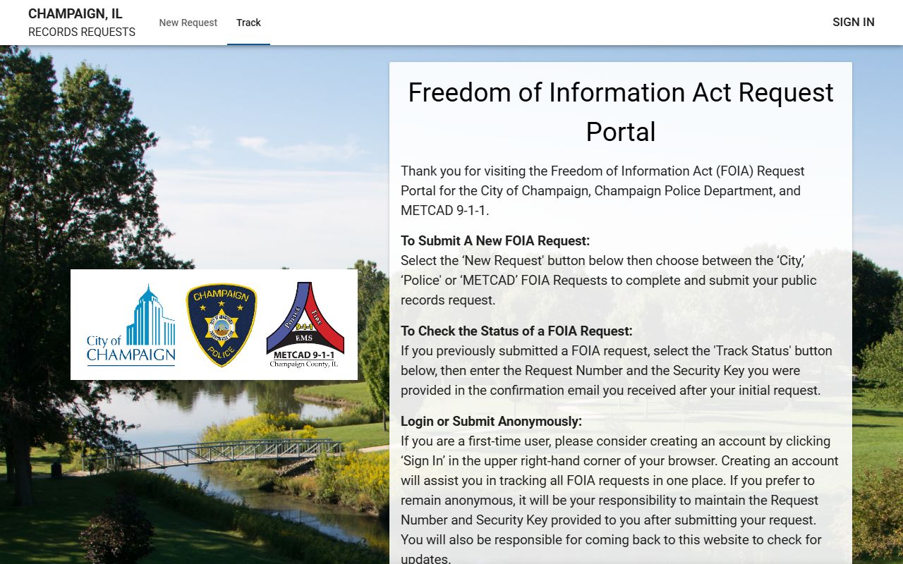 Champaign JustFOIA portal for arrest record requests