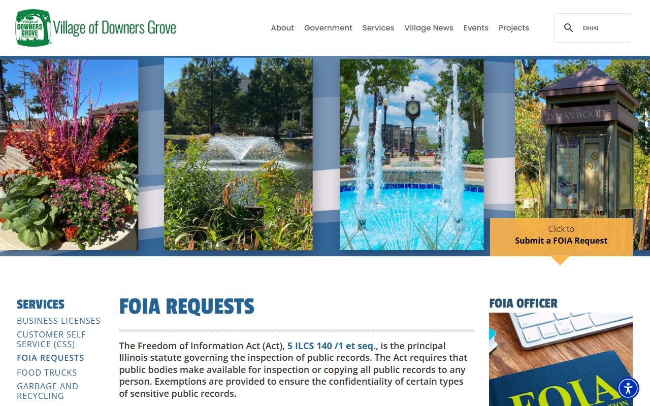 Downers Grove FOIA request page for police and arrest records