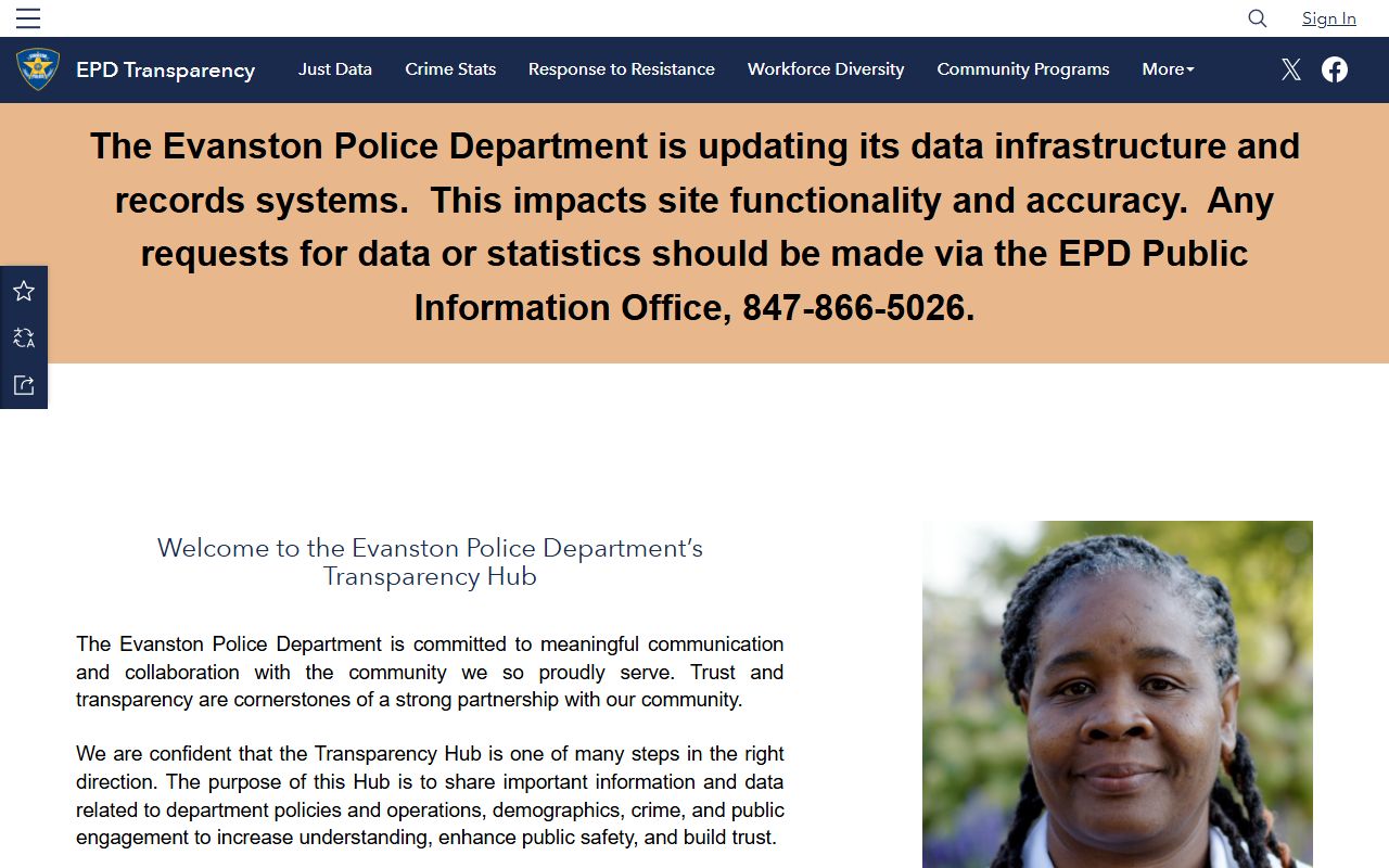 Evanston Police Department transparency dashboard for recent arrests data