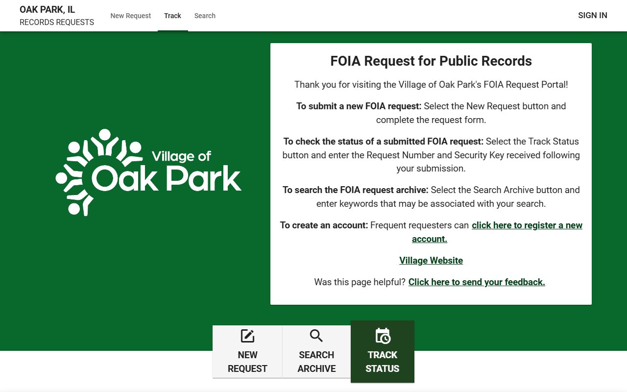 Oak Park FOIA portal on JustFOIA for police records requests