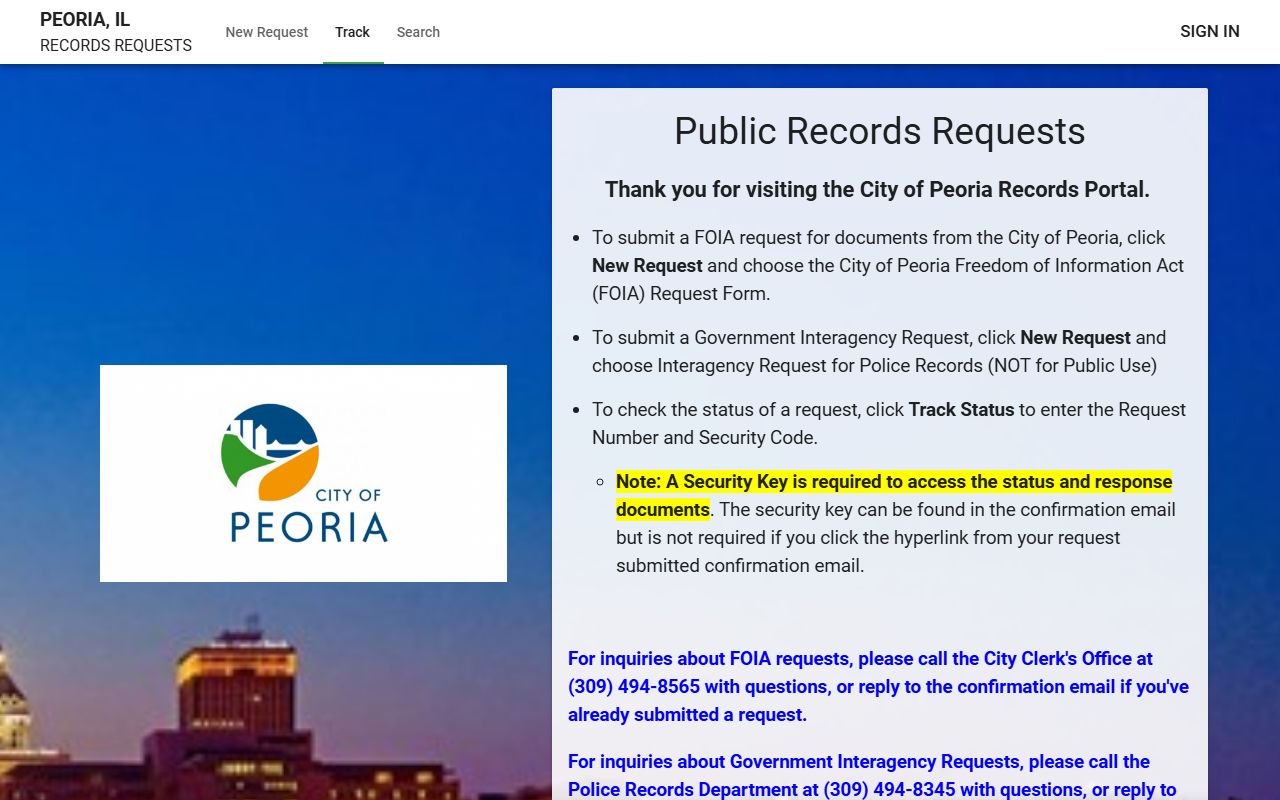 Peoria JustFOIA portal for arrest record requests