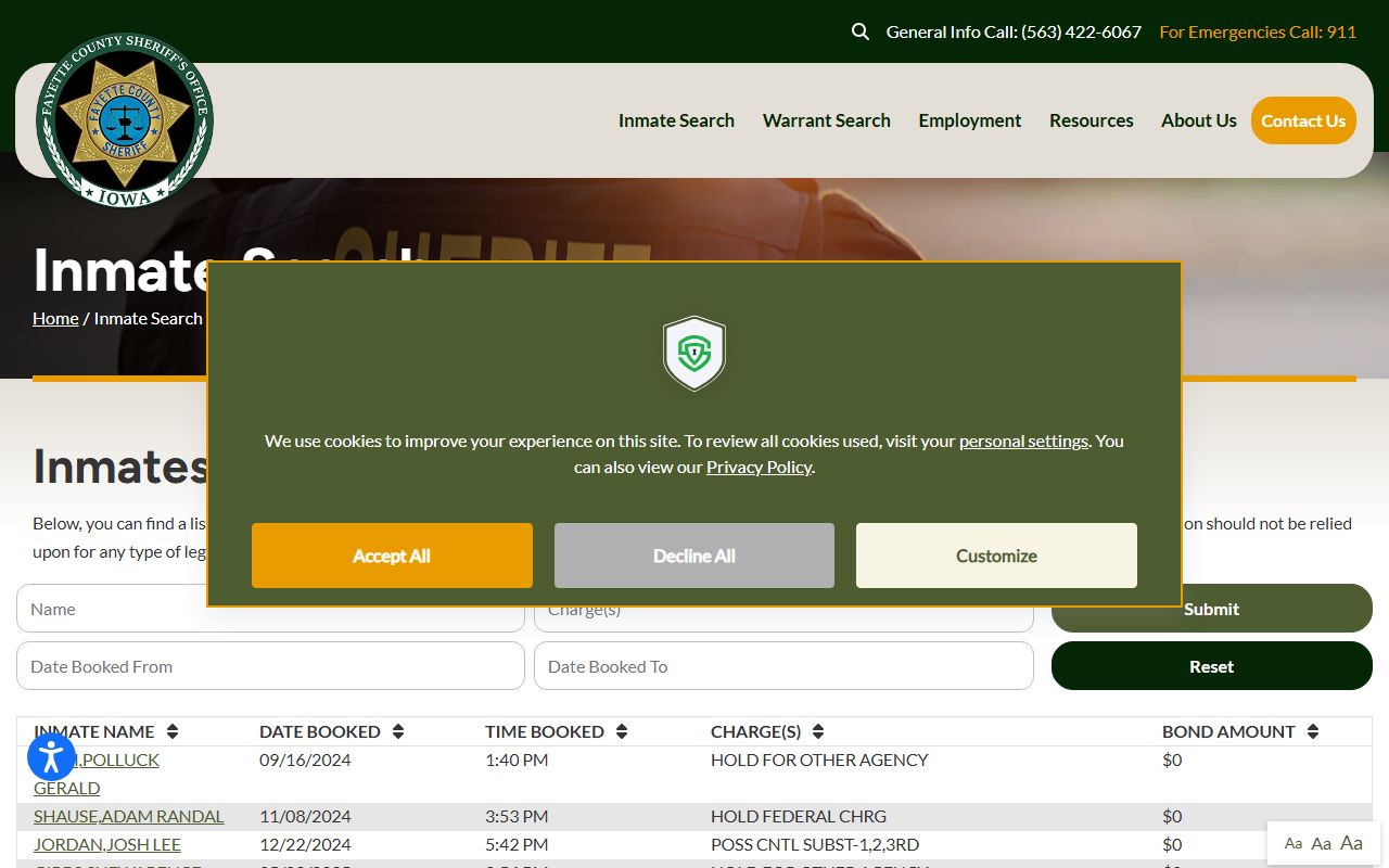 Fayette County inmate jail search for recent arrests