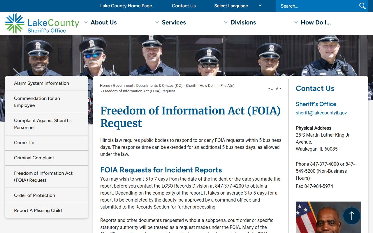 Lake County FOIA request portal for recent arrests records