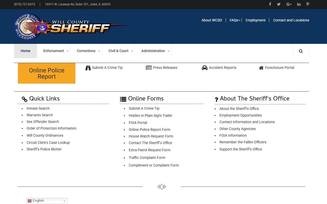 Will County Sheriff website for recent arrests and jail search