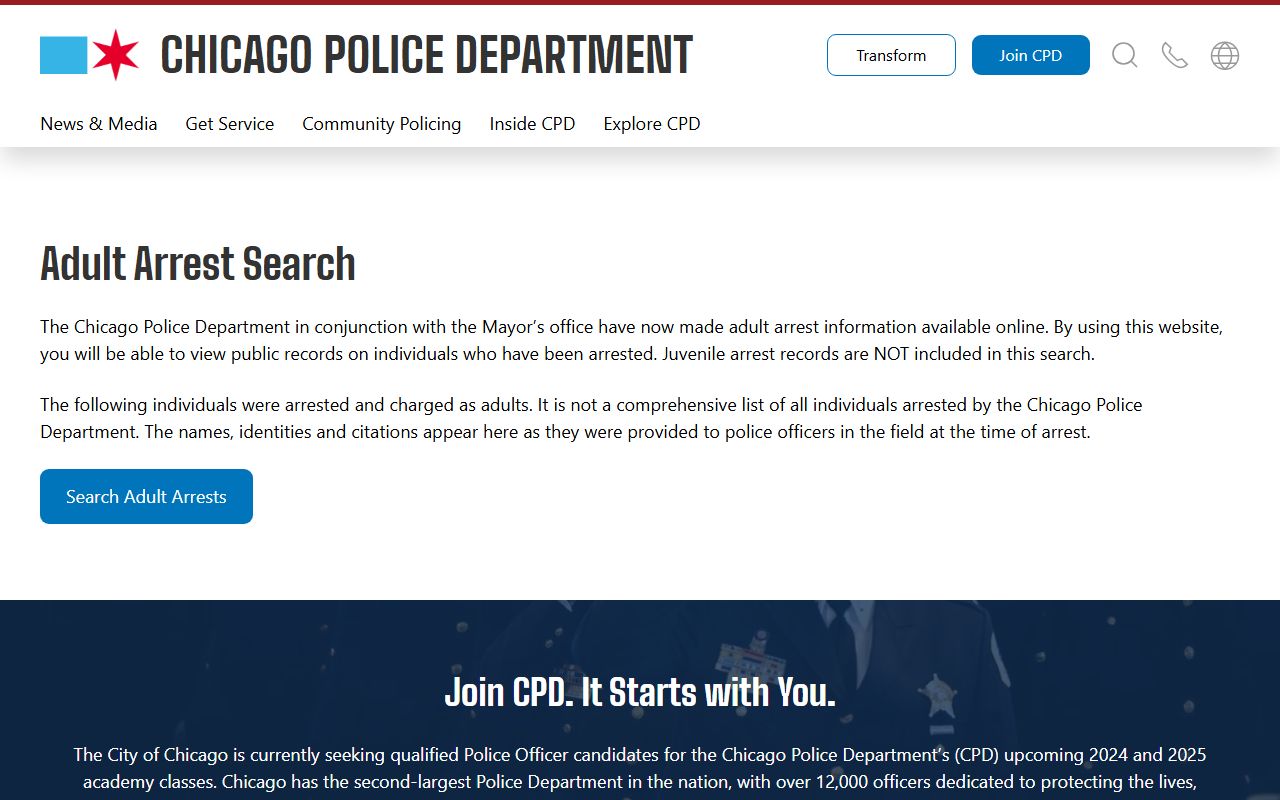 Chicago Police Department adult arrest search page for recent arrests