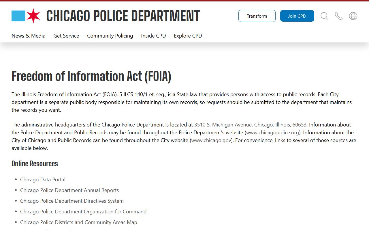 Chicago Police Department FOIA page for requesting recent arrests records