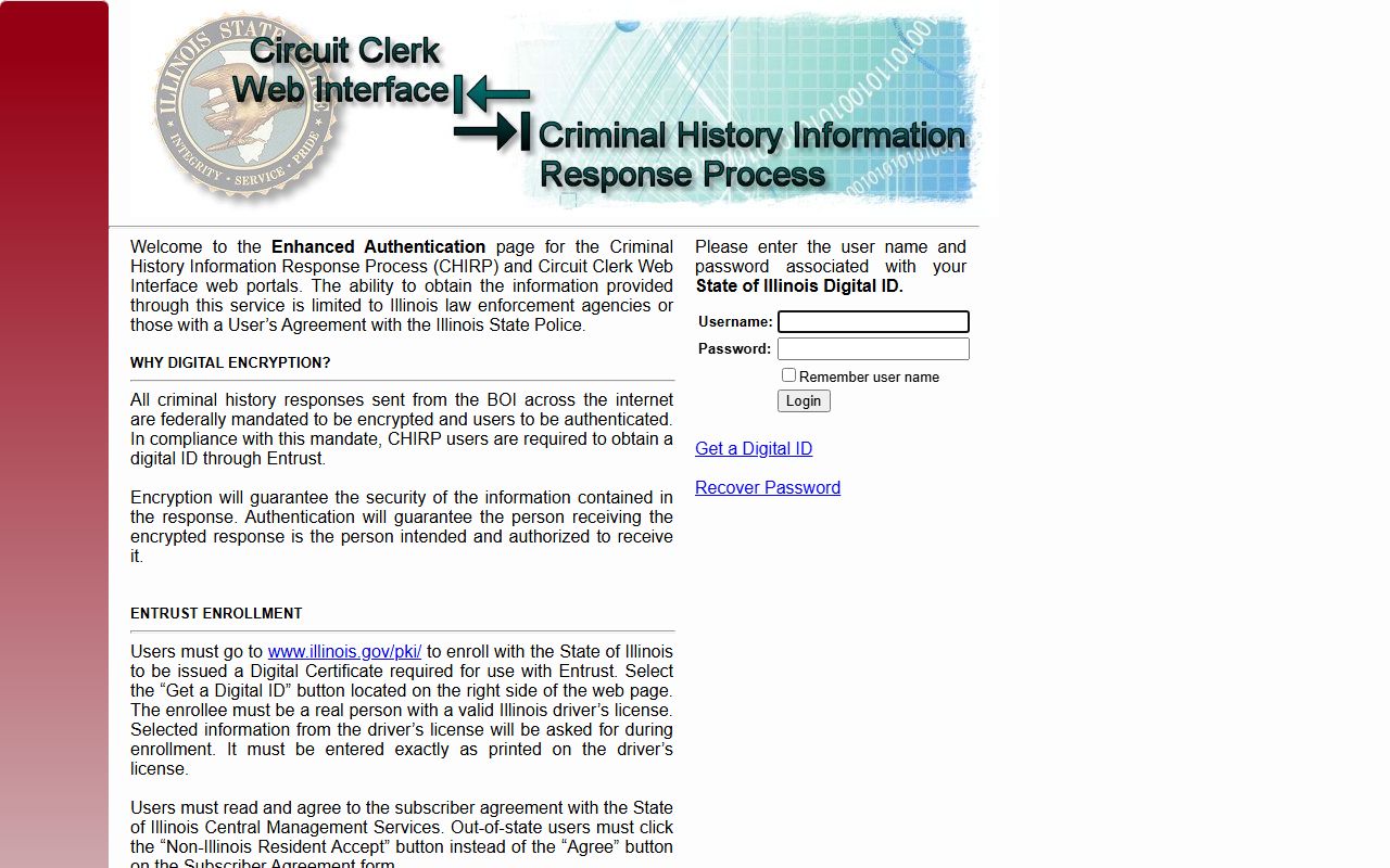 CHIRP login portal for Illinois recent arrests and conviction search