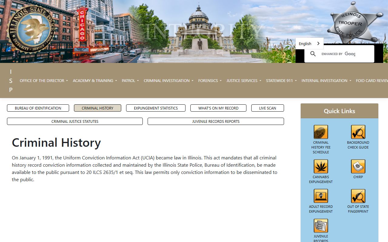 Illinois State Police Criminal History UCIA page for arrest records