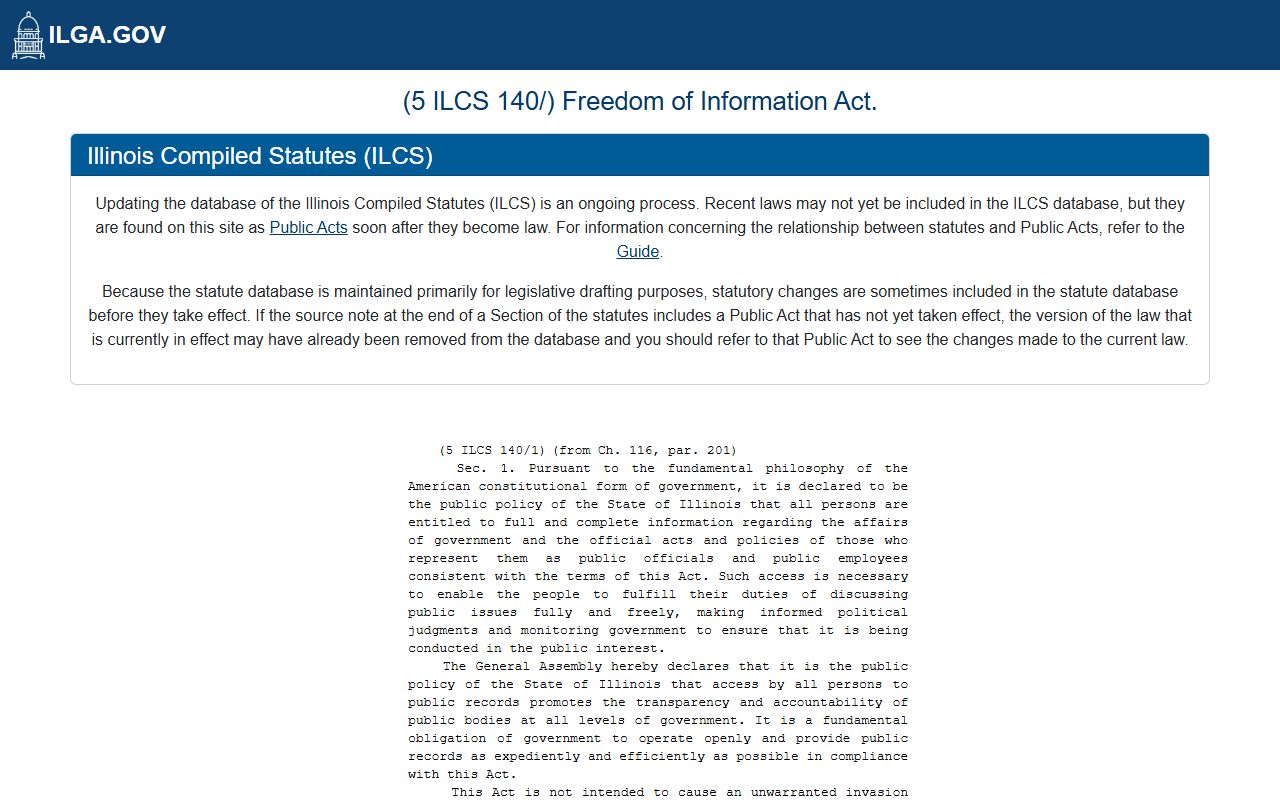 Illinois FOIA statute 5 ILCS 140 for recent arrests records access