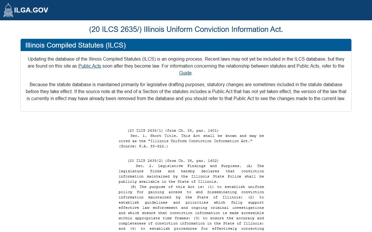 Illinois UCIA statute 20 ILCS 2635 for conviction and arrest records