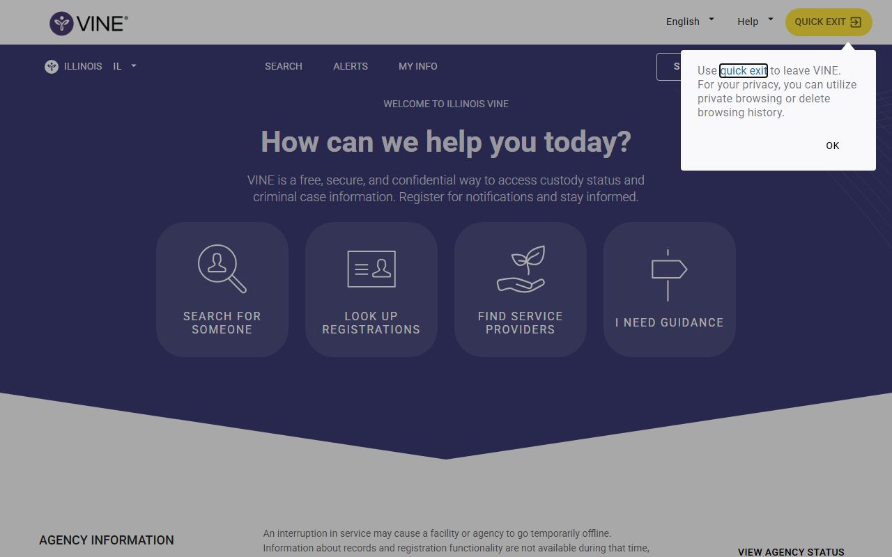 Illinois VINE victim notification system for recent arrests tracking